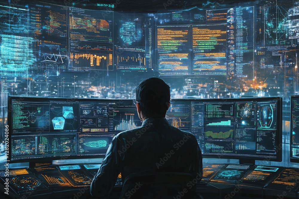 A person is analyzing advanced data on multiple futuristic digital displays, showcasing complex data, trends, and network information.
A person is analyzing advanced data on multiple futuristic digital displays, showcasing complex data, trends, and network information.