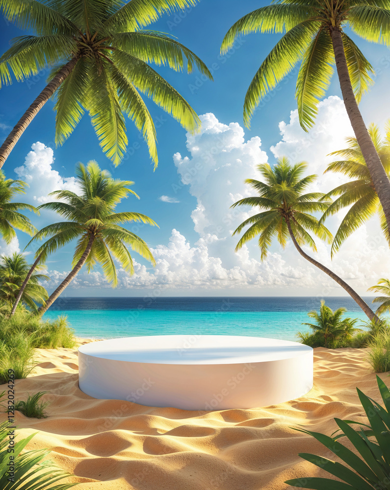 Tropical Beach Scene with Modern White Platform Tropical Beach Scene with Modern White Platform