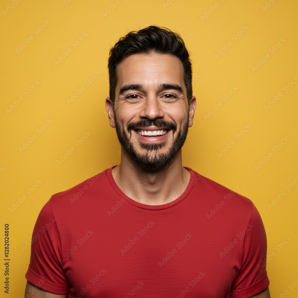 Fototapeta premium A friendly man with short dark hair and a beard wearing a red t-shirt against a yellow background.