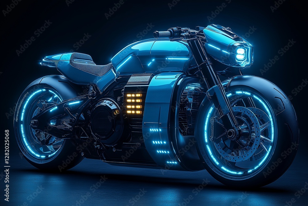 A modern sport motorcycle with sleek aerodynamic design and glowing blue LED lights on dark background. A modern sport motorcycle with sleek aerodynamic design and glowing blue LED lights on dark background.