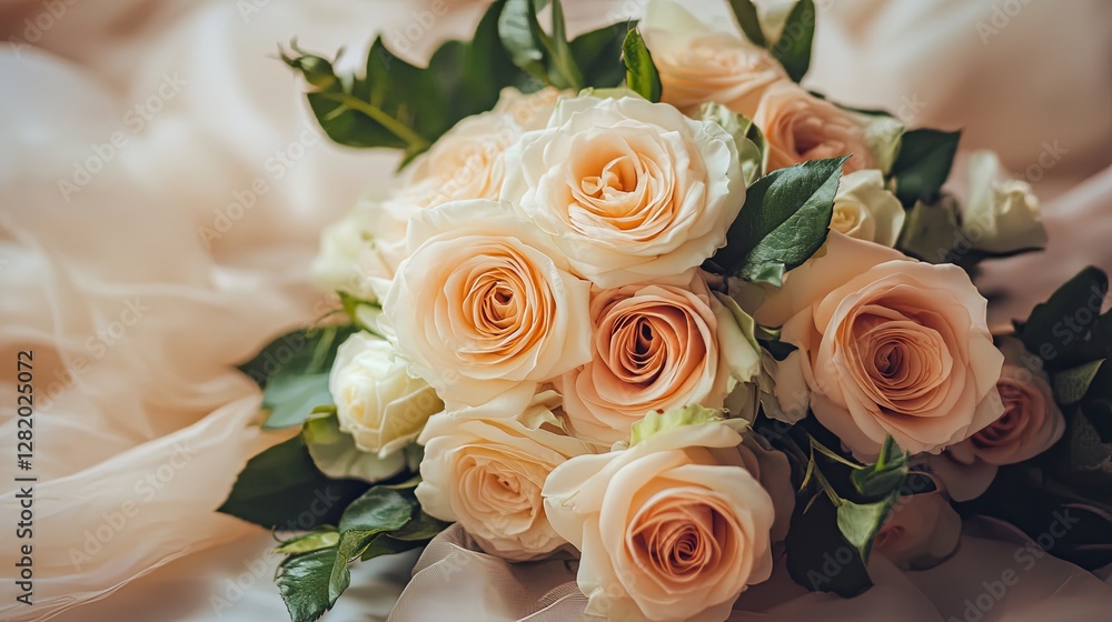 Bouquet of delicate peach and cream roses on a table Bouquet of delicate peach and cream roses on a table