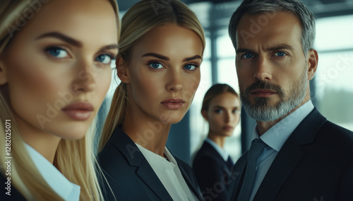 Four individuals present a strong professional image, dressed in business attire, exuding confidence in a contemporary office setting
