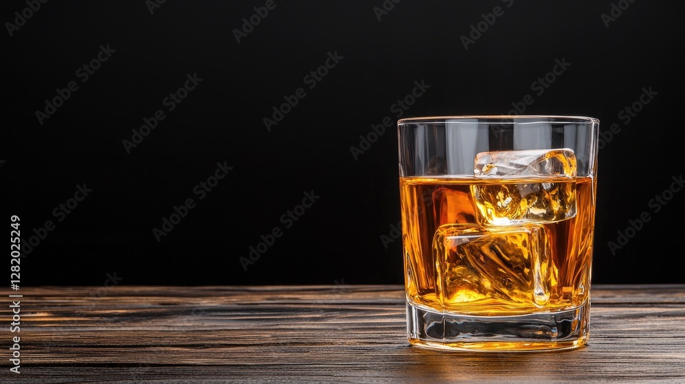 Whiskey on the rocks, dark background, wooden table, bar setting Whiskey on the rocks, dark background, wooden table, bar setting