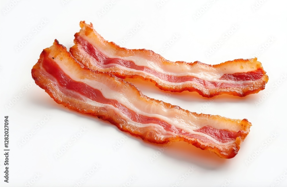 Two fried bacon rashers on white background. Streaky pork meat slices. Crispy bacon strips with fat texture, delicious snack ingredient, cooked breakfast item. High-fat food close-up. Pork product Two fried bacon rashers on white background. Streaky pork meat slices. Crispy bacon strips with fat texture, delicious snack ingredient, cooked breakfast item. High-fat food close-up. Pork product