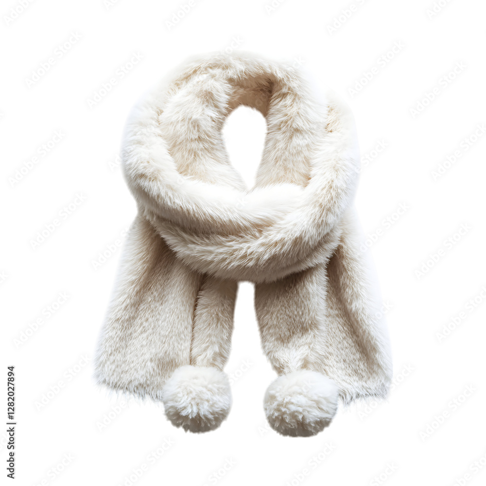 Faux Fur Scarf with Pom-Pom in White Isolated on Transparent Background Faux Fur Scarf with Pom-Pom in White Isolated on Transparent Background