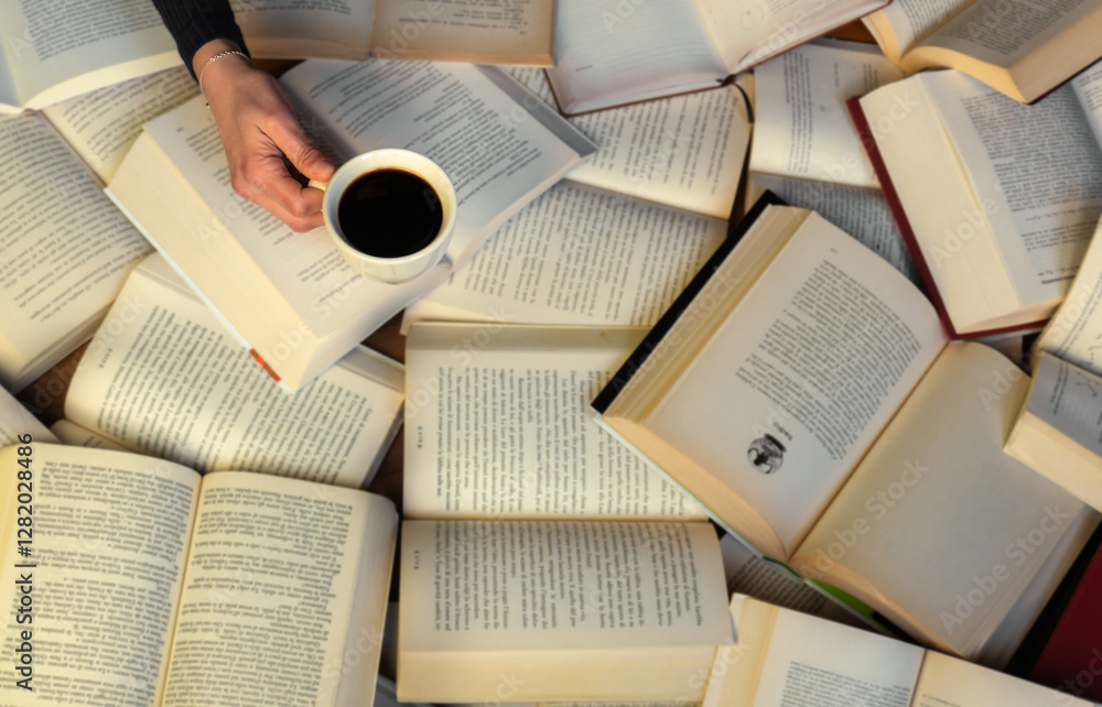 Obraz premium Female young girl hands holding cup hot coffeek on open ancient old books