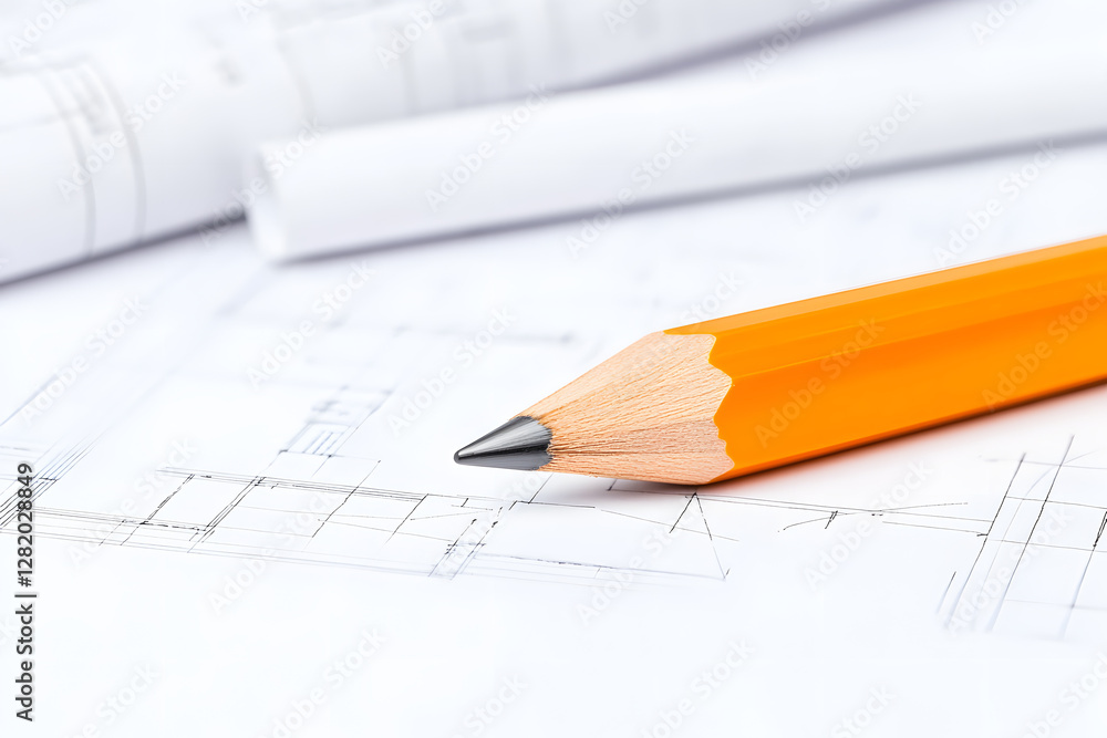 An orange pencil lays on a building plan draft, ready to design and execute. The clean and precise lines suggest a focus on details. An orange pencil lays on a building plan draft, ready to design and execute. The clean and precise lines suggest a focus on details.