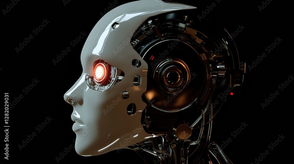 Fototapeta premium Futuristic side profile showcasing a human head with cybernetic implants and a glowing robotic eye. Generative AI