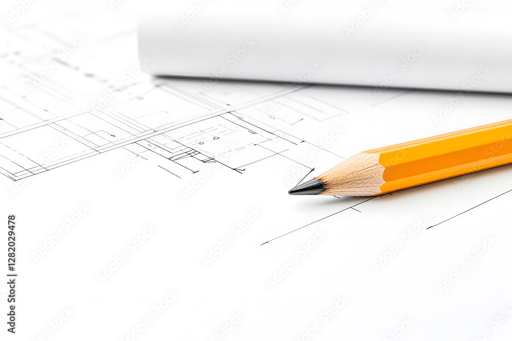 Architectural Design: A close up of a pencil placed on blueprints alongside a rolled design, symbolizing precision, planning and creative design. Architectural Design: A close up of a pencil placed on blueprints alongside a rolled design, symbolizing precision, planning and creative design.