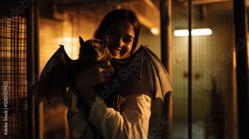 Woman smiling gently holds a bat showing its wings photo