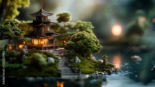 Serene Japanese Pagoda by the Lake at Dusk