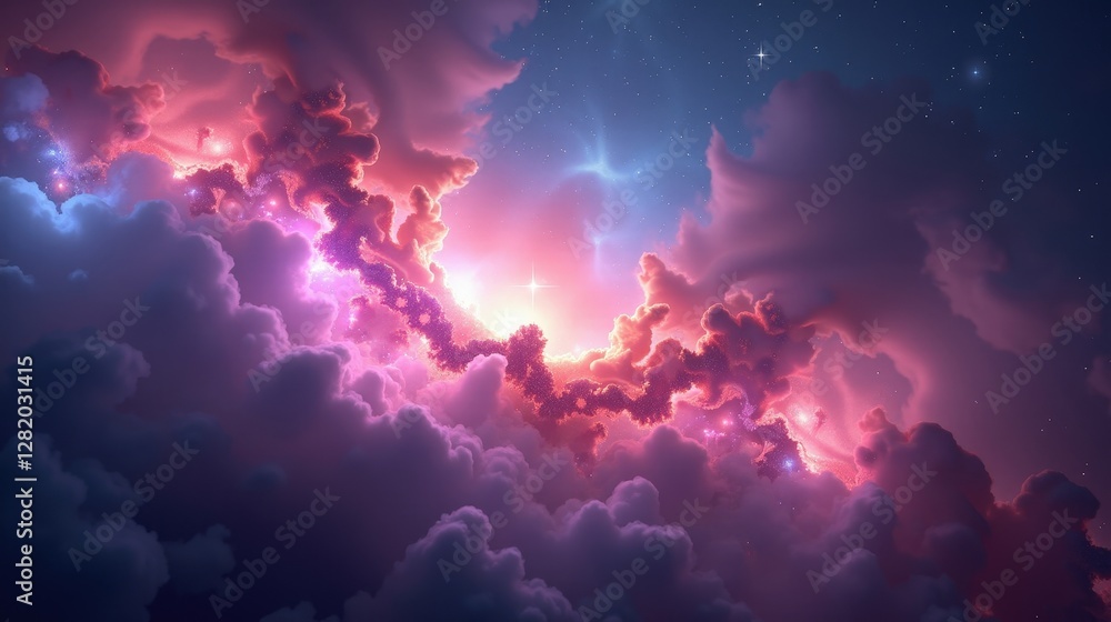 Fototapeta premium A radiant nebula bursting with swirling gaseous clouds, vibrant pinks and blues mixing in an ethereal dance, glowing stars forming within the cosmic mist, a breathtaking deep-space vista.