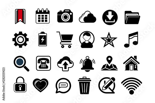 24 flat icon Home, Search, Settings, User, Profile, Notifications, Shopping Cart, Heart, Message, Lock, Camera, Music, Note, Calendar, Phone, Battery, Folder, Cloud, Bookmark, Map, Star, Upload