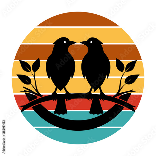Two bird on a branch black silhouette on retro vintage 03