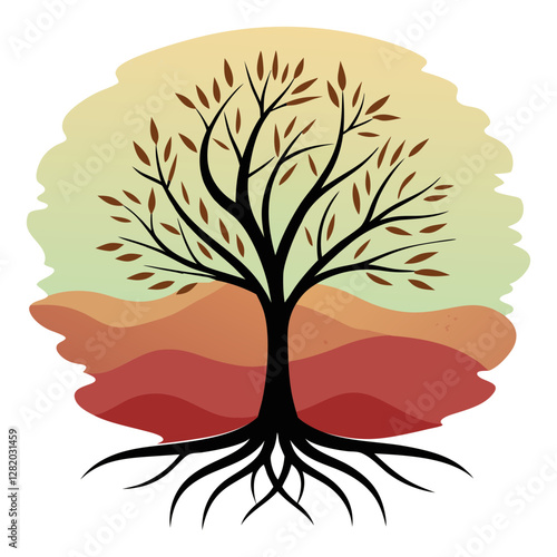Minimalist drawing of a tree with roots on stylish shape and t-shirt