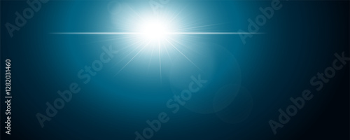 Sunlight shines on dark blue gradient background. Bright white sun rays lines form circle. Spotlight light in night scene. Beams hit water surface or under sea pattern. Art & Illustration