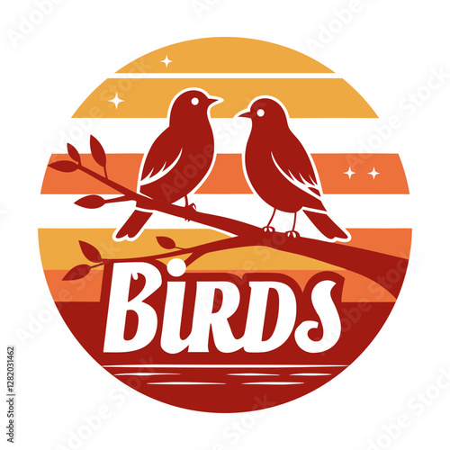 Two bird on a branch black silhouette on retro vintage 02