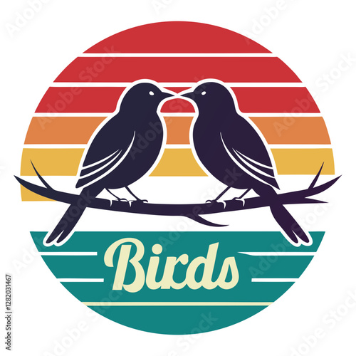 Two bird on a branch set against a circular background of colorful retro sunset stripes 02