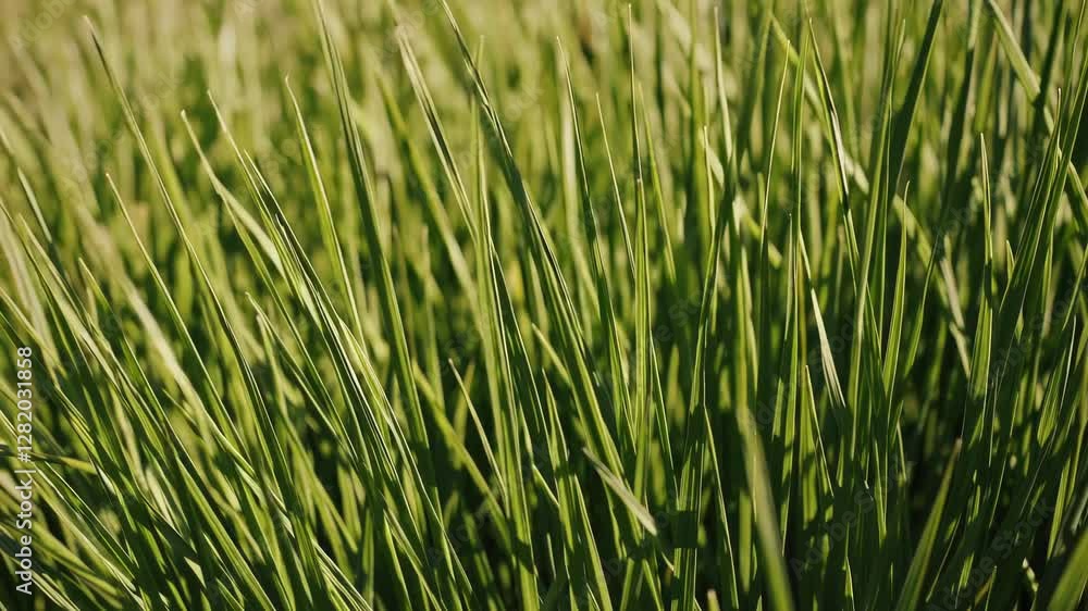 Close-up of lush green grass blades in sunlight, vibrant nature texture. Fresh growth and natural beauty concept Close-up of lush green grass blades in sunlight, vibrant nature texture. Fresh growth and natural beauty concept