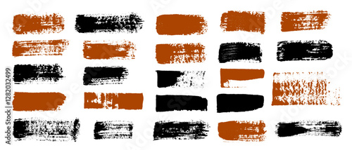 Set of brush strokes with uneven unpainted ragged edges in bold sweeping dynamic hand drawn style. Vector thick short horizontal lines, stripes, highlights, underlines.

