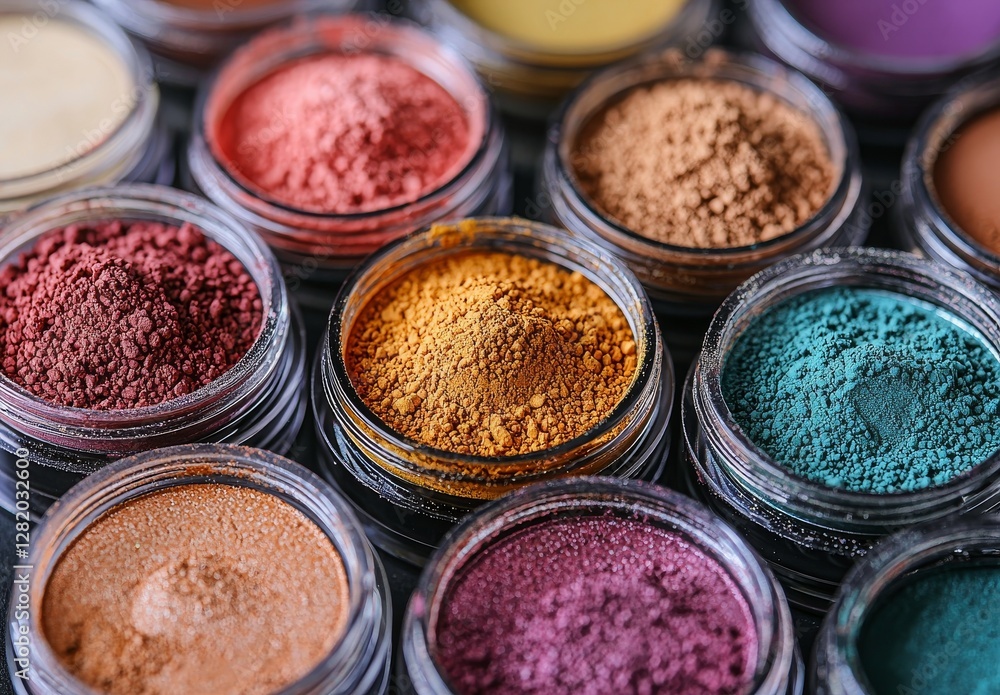 Vibrant Colorful Powders in Transparent Jars on Dark Surface Vibrant Colorful Powders in Transparent Jars on Dark Surface