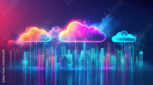 Futuristic neon cloud computing concept with vibrant glowing data streams in a digital cityscape

