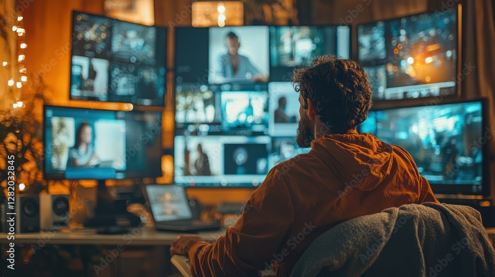 Man edits video on multi-monitor setup at home studio Man edits video on multi-monitor setup at home studio