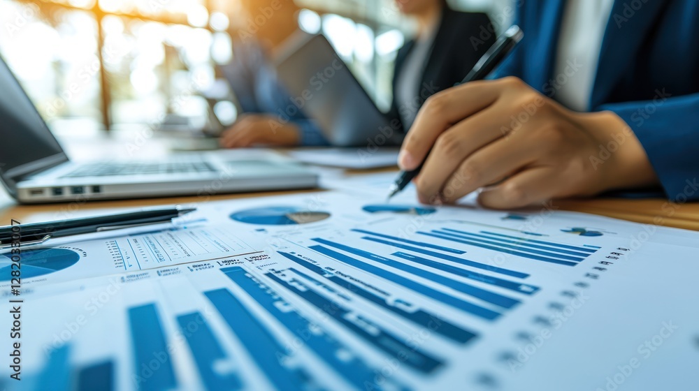 Business team analyzing graphs in office meeting room Business team analyzing graphs in office meeting room