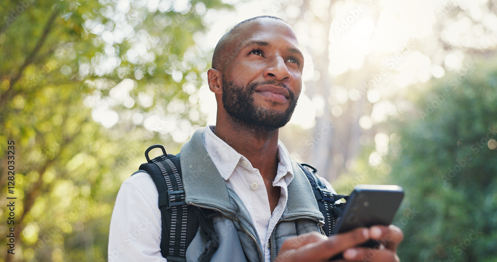 Nature, black man and online with phone for hiking, checking location and thinking on adventure. Outdoor, male person and remember with tourist for trekking, travel and mobile app for trail direction Nature, black man and online with phone for hiking, checking location and thinking on adventure. Outdoor, male person and remember with tourist for trekking, travel and mobile app for trail direction