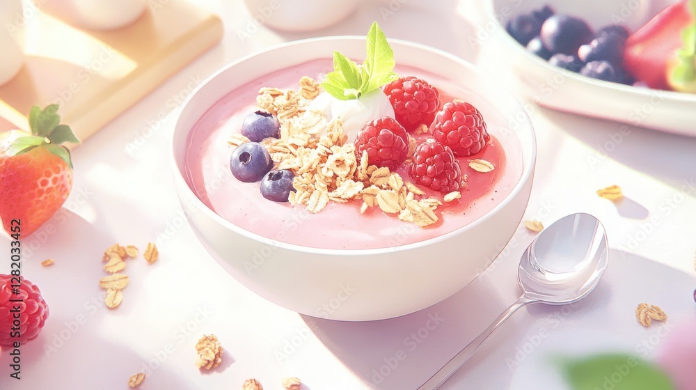 A vibrant family breakfast with smoothie bowls, granola, and fresh berries in a modern kitchen, promoting healthy eating and togetherness. A vibrant family breakfast with smoothie bowls, granola, and fresh berries in a modern kitchen, promoting healthy eating and togetherness.