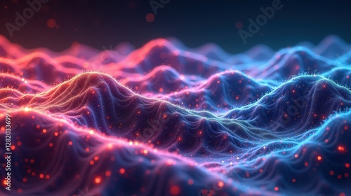 A mesmerizing landscape of neon-lit fractal geometries folding into higher dimensions, vibrant pulses of light shifting across a quantum field in constant motion.