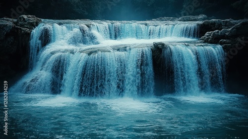 Wallpaper Mural Serene waterfall cascading down rocks, lush forest background, nature photography Torontodigital.ca