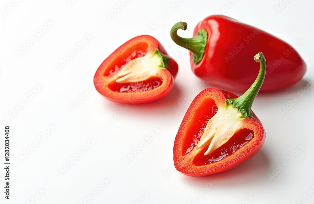 Close-up of sliced red pepper vegetables with stems on white background. Half of a pepper shows seeds. Fresh cooking ingredient concept, hot spice for meal. Close-up of sliced red pepper vegetables with stems on white background. Half of a pepper shows seeds. Fresh cooking ingredient concept, hot spice for meal.