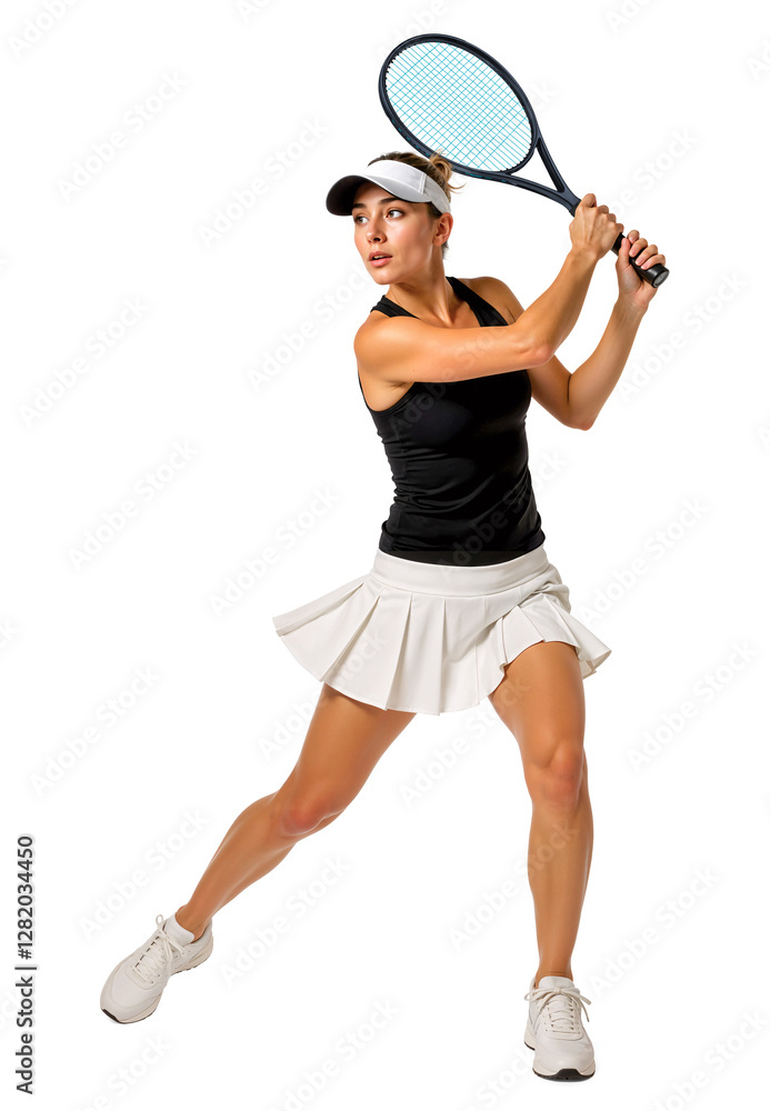 Woman holding Tennis Racket Preparing to Swing on isolated background