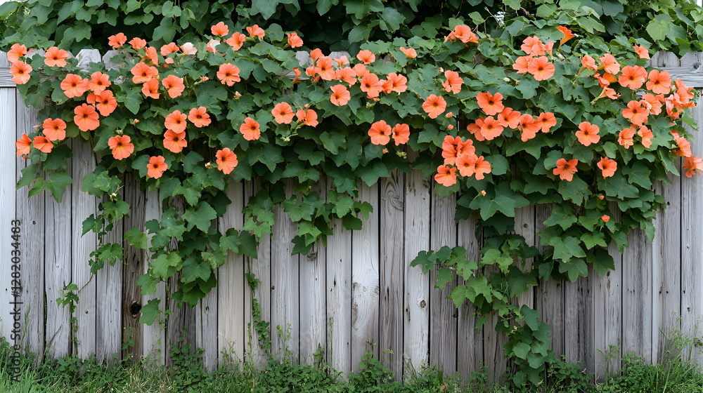 Fototapeta premium A garden fence adorned with trumpet vines, their bright orange flowers standing out against the greenery