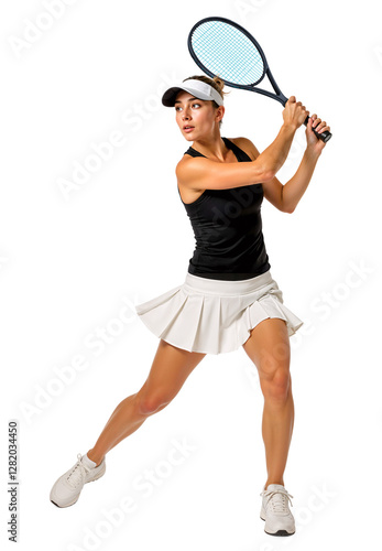 Obraz na płótnie Woman holding Tennis Racket Preparing to Swing on isolated background w salonie