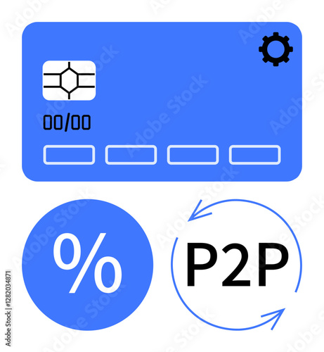 Credit card chip, settings gear, percentage symbol, and P2P transfer icon. Ideal for finance, banking, cryptocurrency, payment solutions fintech peer-to-peer transactions digital wallets. Abstract