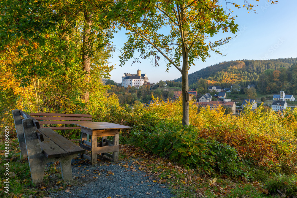 An idyllic observation deck and recreation area in the village of Scharfenstein, Germany