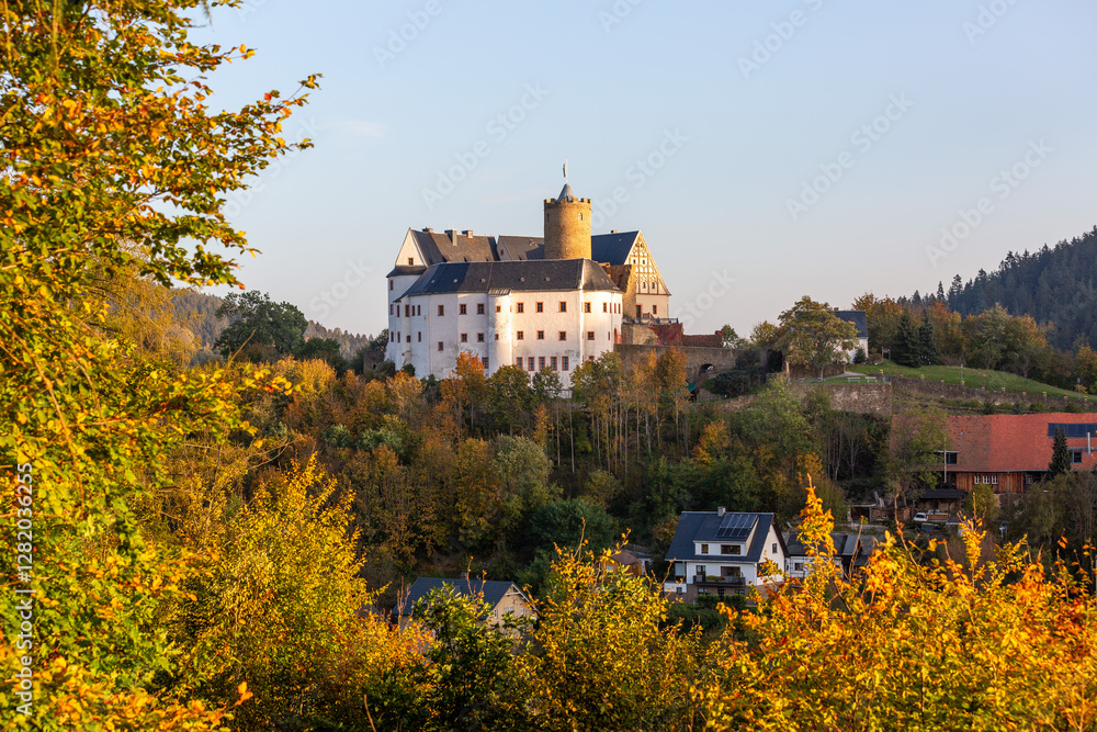 View of Scharfenstein castle in the Ore Mountains, Germany