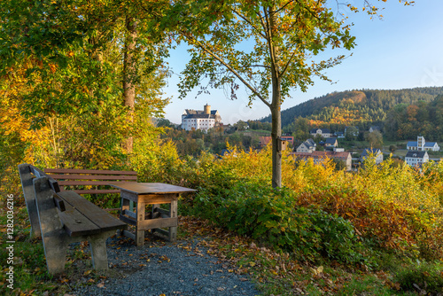 An idyllic observation deck and recreation area in the village of Scharfenstein, Germany