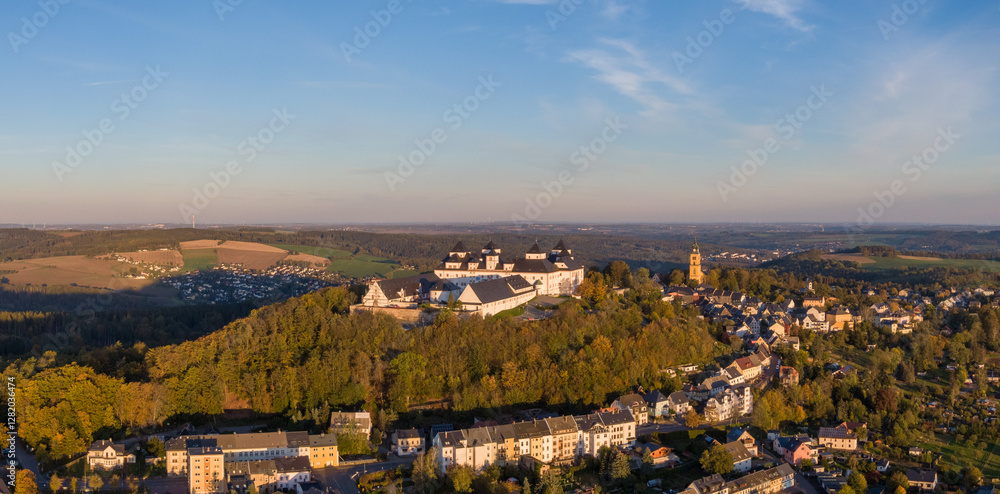 Aerial view of Augustusburg Hunting Lodge on the northern edge of the Ore Mountains, Germany