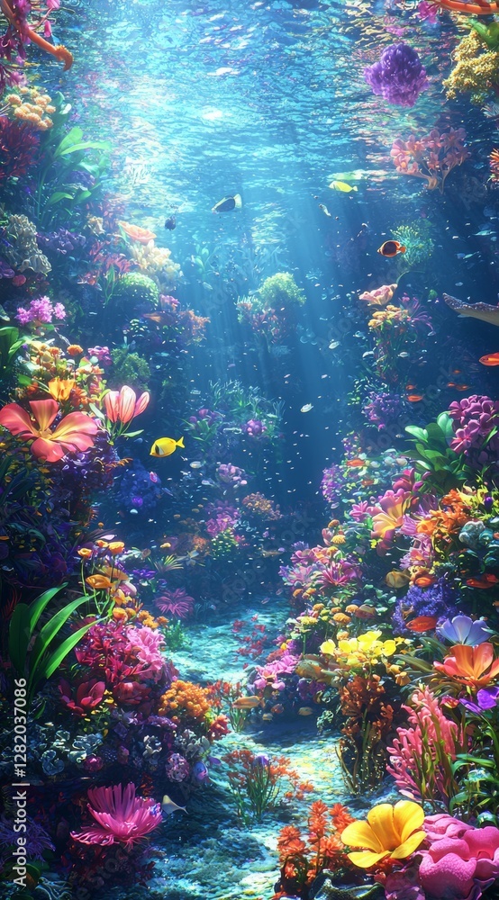 Naklejka premium Vibrant Underwater Scene with Coral and Colorful Tropical Fish