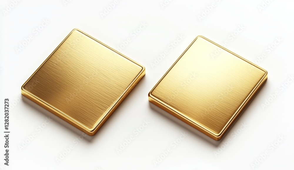 Two Smooth Gold Squares with Glossy Finish on White Background Two Smooth Gold Squares with Glossy Finish on White Background