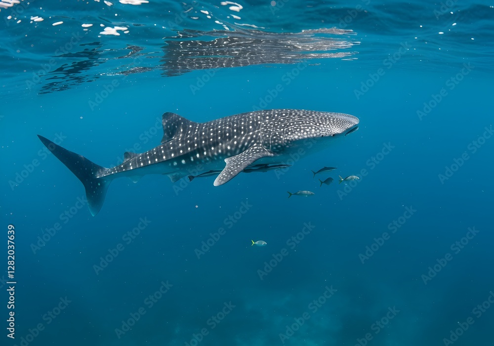 Naklejka premium A majestic whale shark swims gracefully in Indonesia’s clear blue sea, its huge spotted body drifting calmly. Sunlight filters through the water as small fish swim beside the gentle giant