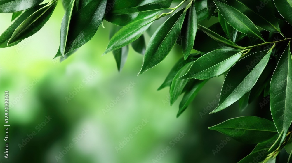 Obraz premium Abstract greenery background for design, soft out-of-focus leaves, warm natural light filtering through trees