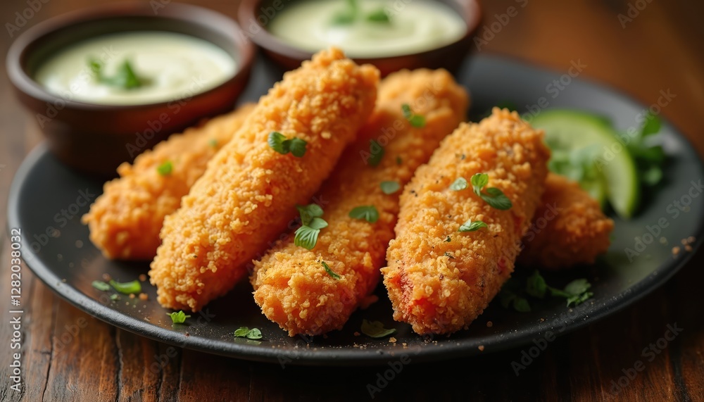 Crispy fried chicken fingers lie on plate with sauce dips. Seasoned breading coating. Tasty snack, crunchy texture. Hot dish served with fresh herbs, cucumber slice on wooden background. Appetizing Crispy fried chicken fingers lie on plate with sauce dips. Seasoned breading coating. Tasty snack, crunchy texture. Hot dish served with fresh herbs, cucumber slice on wooden background. Appetizing