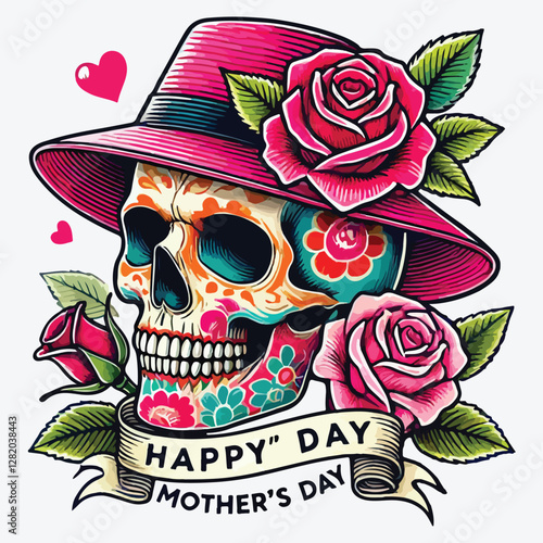 Mother's Day Skull with rose tattoo stock illustration