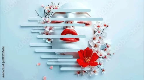 Obraz Beautiful face with flowers and bars on a white background