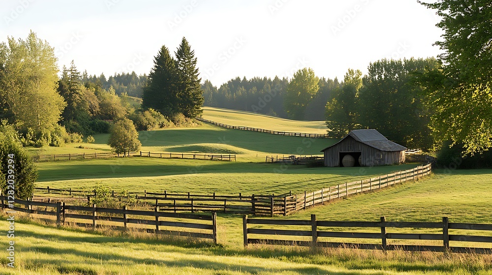 Obraz premium A peaceful countryside with rolling green pastures, wooden fences, and a small barn nestled among trees under a clear sky
