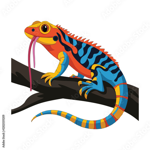 A vector graphic of a pet lizard with vibrant, colorful patterns. The lizard is sitting on a tree branch.